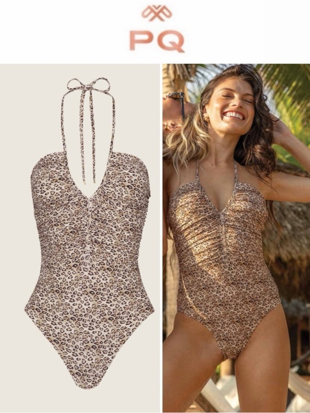 PQ Swim Josie Halter Runched One-Piece Swimsuit Leopard Sz S $172